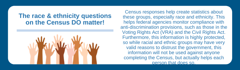 Dark blue background, with white text box. On lower left, multiple raised hands representing different races and ethnicities. Above it, dark blue title says, â€œThe race & ethnicity questions on the Census DO matter!â€ Next to it, blue text says, â€œCensus responses help create statistics about these groups, especially race and ethnicity. This helps federal agencies monitor compliance with anti-discrimination provisions, such as those in the Voting Rights Act (VRA) and the Civil Rights Act. Furthermore, this information is highly protected, so while racial and ethnic groups may have very valid reasons to distrust the government, this information will not be used against anyone completing the Census, but actually helps each person that does so.â€